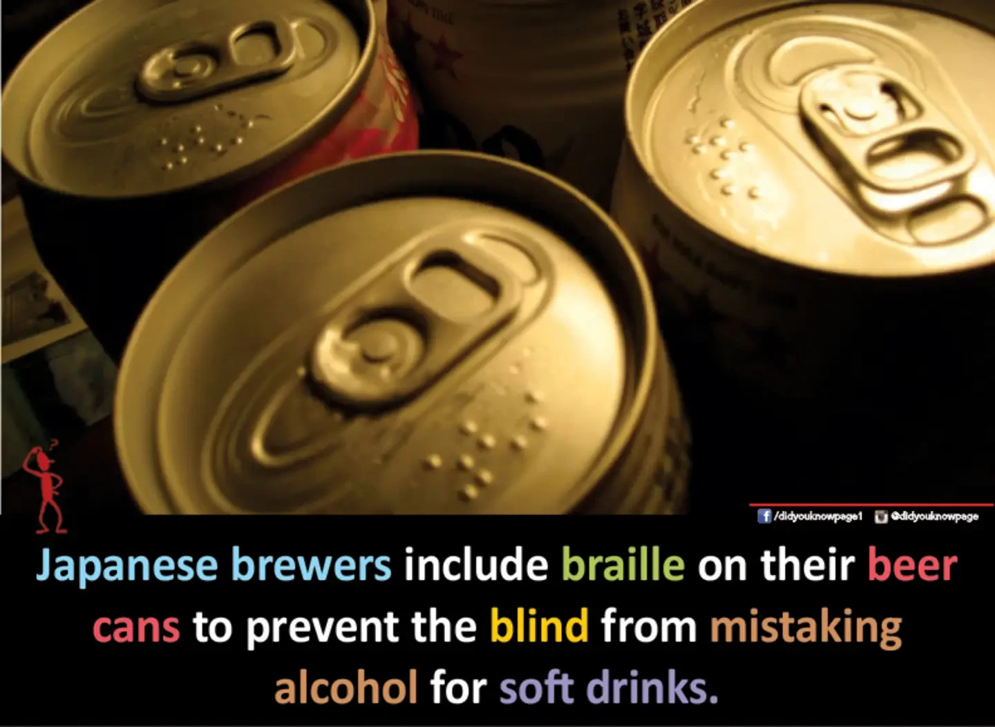 Japanese brewers include braille on their beer cans to prevent the blind from mistaking alcohol for soft drinks. Image shows the described braille on a can, next to the tab.